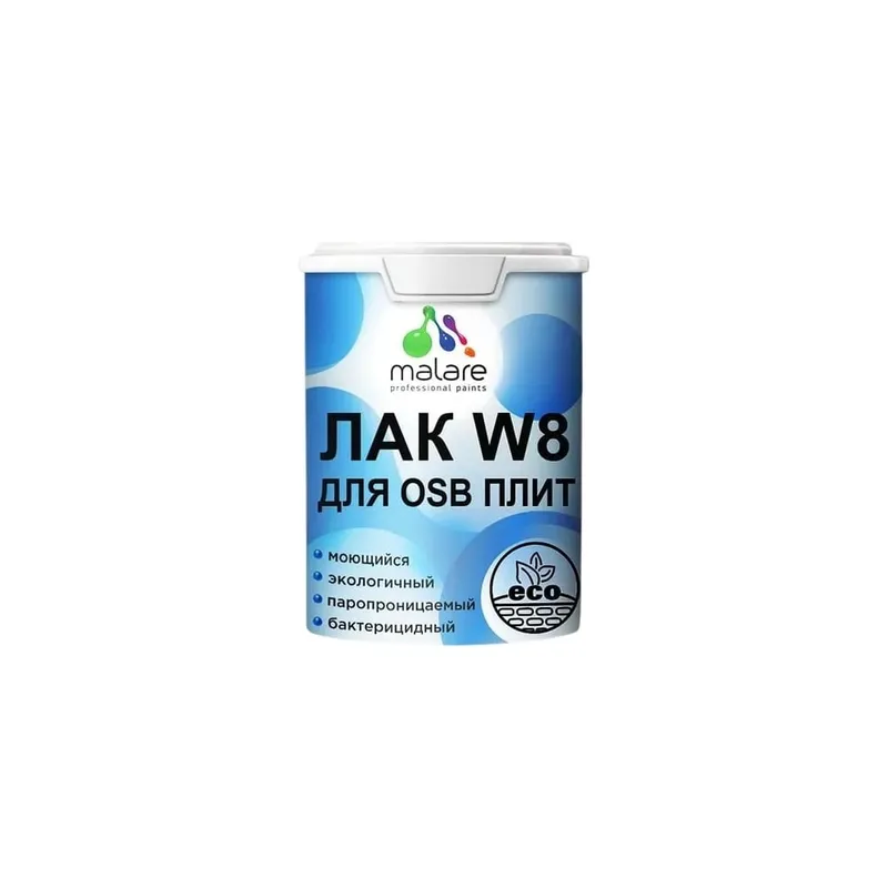 Лак колерованный тонирующий для защиты ОСБ плит Malare W8 для дерева и минеральных поверхностей, паропроницаемый водный без запаха, матовый, дуб, 1.8 кг.