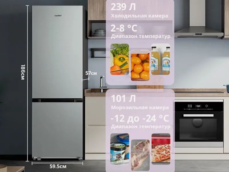 Холодильник двухдверный Comfee RCB449WH1R, 340 л, Full No Frost, 4 режима, зона свежести, инверторный компрессор