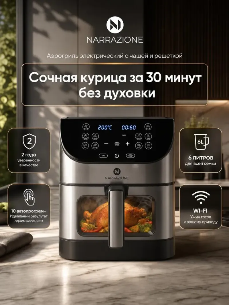 Аэрогриль электрический 6л Wi-Fi с решеткой и чашей с окном NARRAZIONE