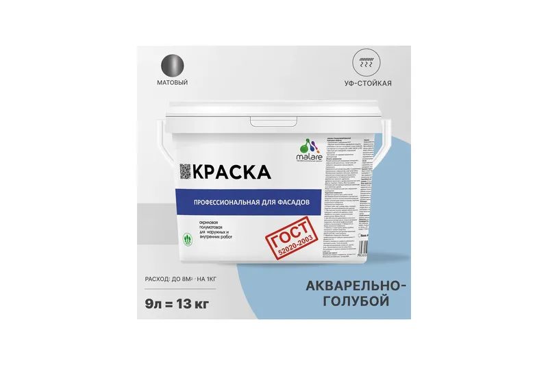 Краска фасадная для наружных работ Malare Professional для дерева по бетону, для минеральных поверхностей, акриловая быстросохнущая без запаха, матовая, акварельно-голубой, (2.7л - 3.9кг)