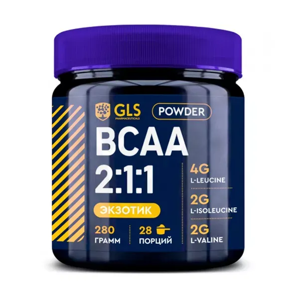 BCAA порошок 2:1:1 GLS / бцаа для набора массы, выносливости и восстановления со вкусом экзотик, 280 гр
