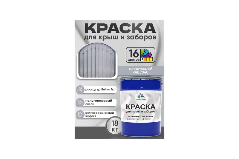 Краска по металлу Malare для крыш и заборов по ржавчине, для наружных работ, быстросохнущая износостойкая RAL 7004 сигнальный серый, матовая, 2,5 кг